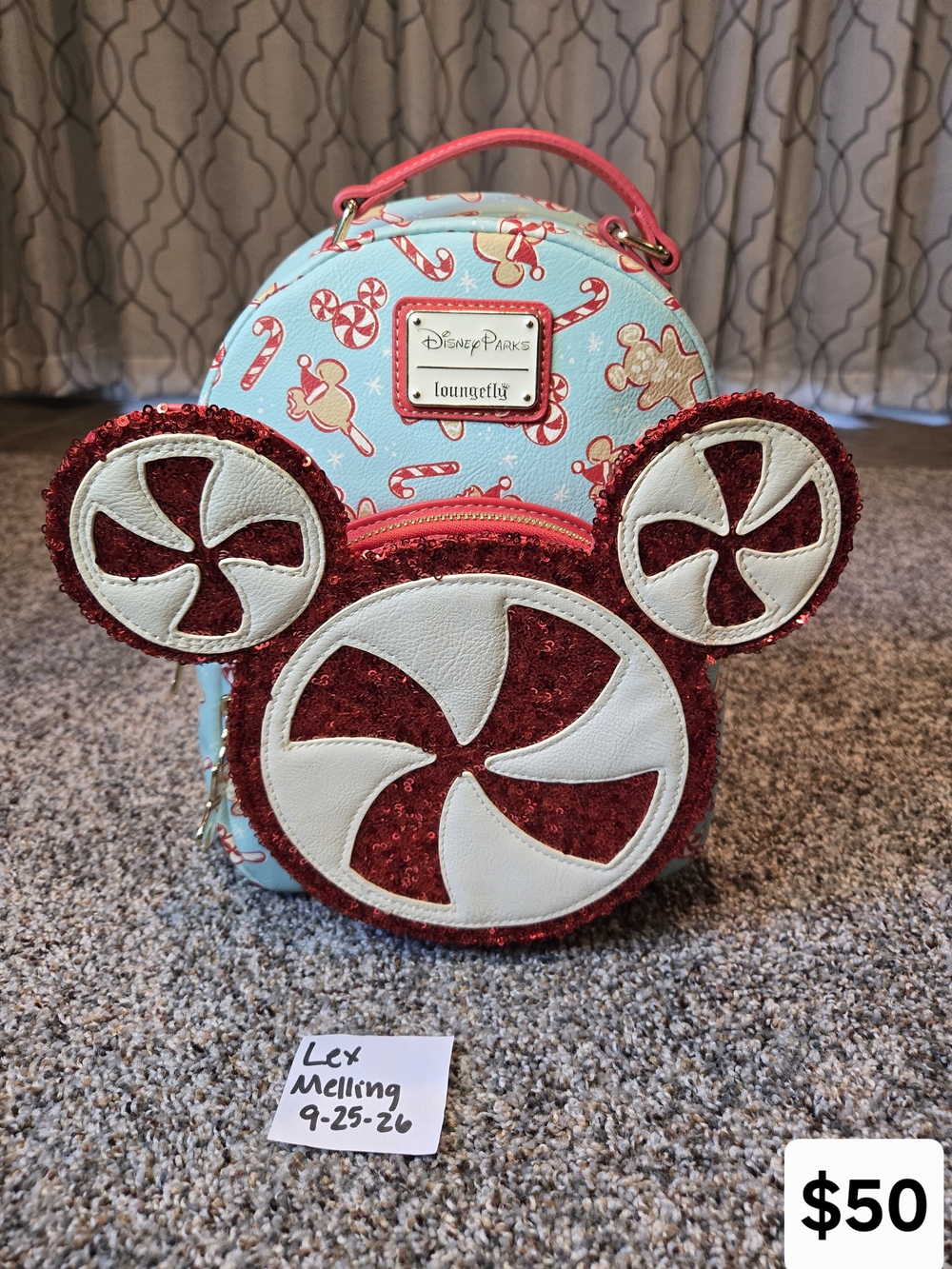Disney Kids Mint Candy Cane Mini Backpack with Red Sequin Ears